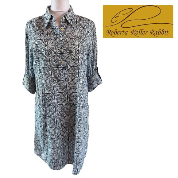 Roberta Roller Rabbit 100% Cotton Blue Geometric Shirt Dress Pockets Small Slip - Picture 1 of 9